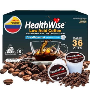 Healthwise Low Acid Unflavored Decaf  Chemical-Free Swiss Water Process  99.9% Caffeine Free  100% Colombian Coffee K-Cups - Medium Roast  Healthier for Sensitive Stomachs - 36 Count (Pack of 3)