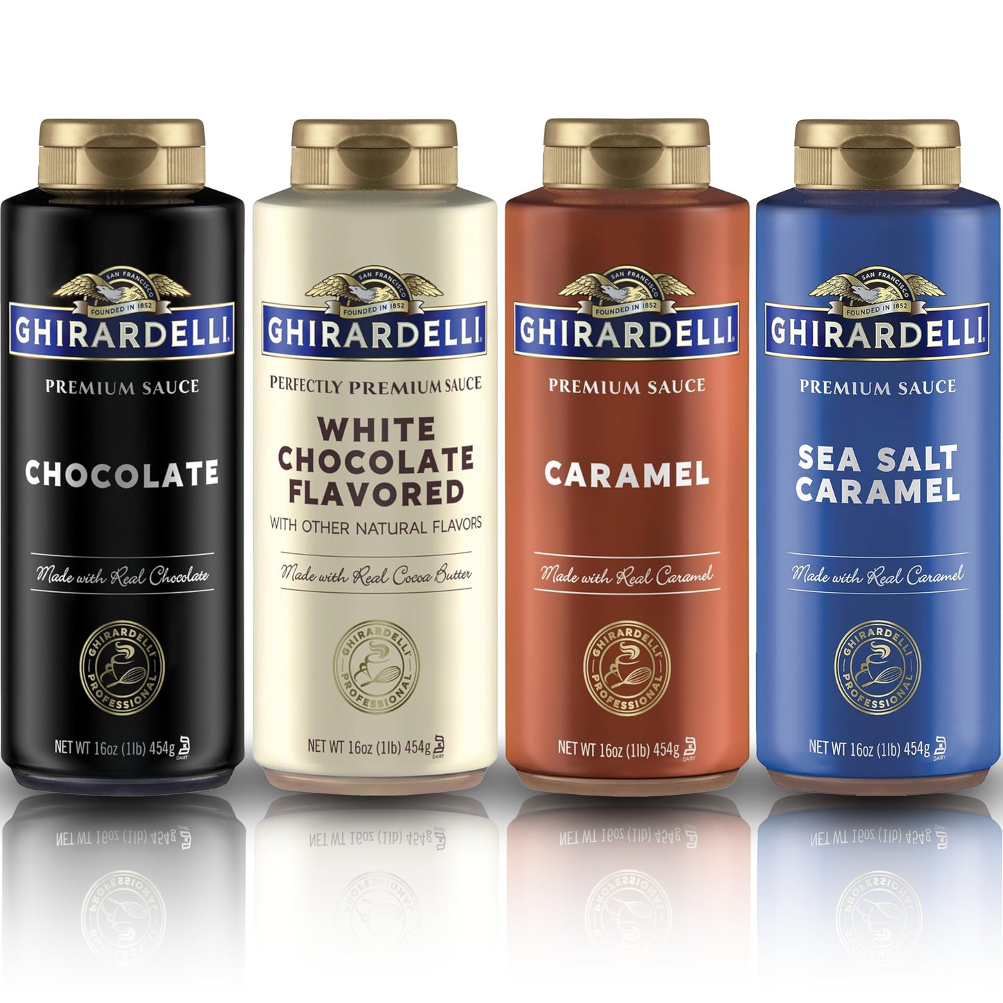 Ghirardelli Chocolate Sauce Variety Pack | 16 Oz Bottles (Pack Of 4) | Classic Chocolate  Rich Caramel  Creamy White Chocolate  And Sea Salt Caramel Dessert Toppings