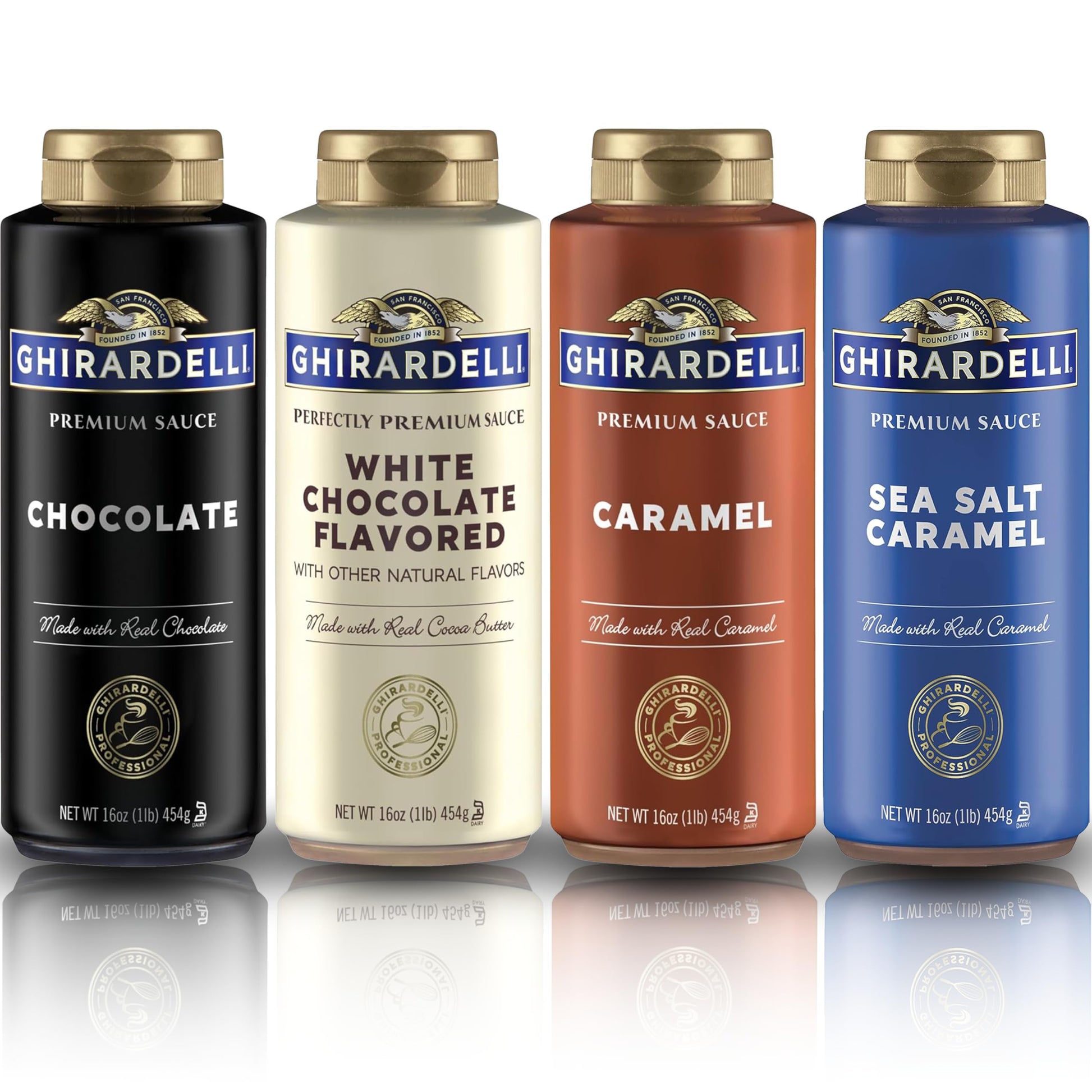 Ghirardelli Chocolate Sauce Variety Pack | 16 Oz Bottles (Pack Of 4) | Classic Chocolate  Rich Caramel  Creamy White Chocolate  And Sea Salt Caramel Dessert Toppings