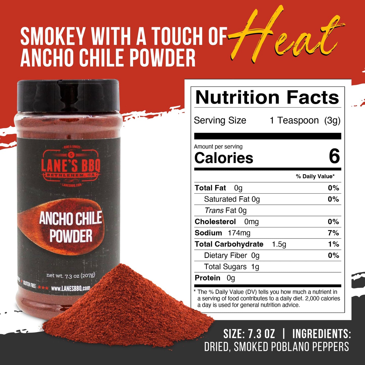 Lane's Ancho Chile Powder Spice, All-Natural Ancho Chili Powder Seasoning with Sweet & Smoky Ancho Chiles Flavor, No Preservativ