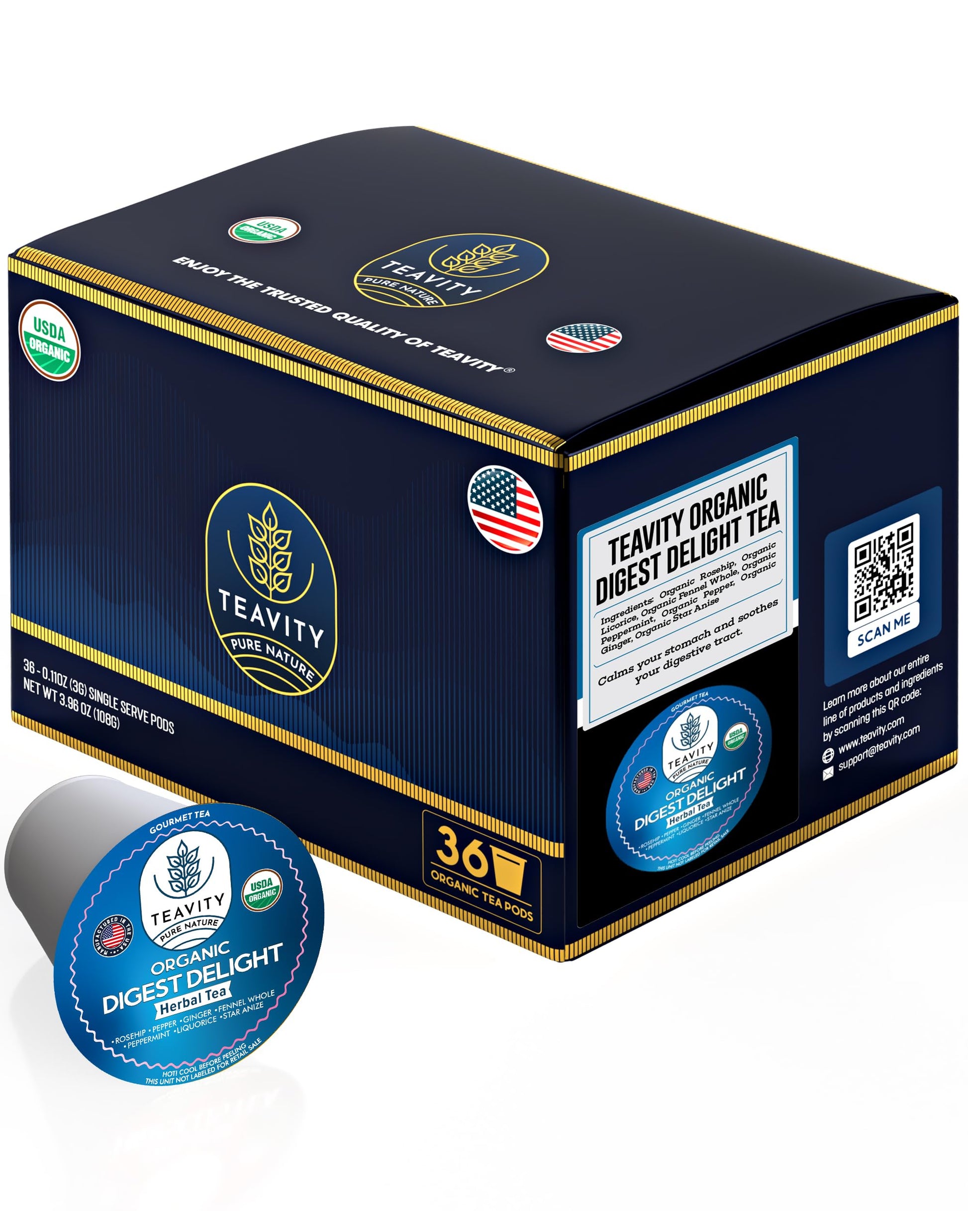 Organic Tea Pods with Ginger, Peppermint, Fennel, Licorice, & Rosehip Digest Delight by Teavity (36 Tea Pods)