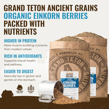 Grand Teton Organic Einkorn Berries, 100% Food-Grade, 48 lbs, Ideal for Baking, Milling, Sprouting, Salads, and Soups