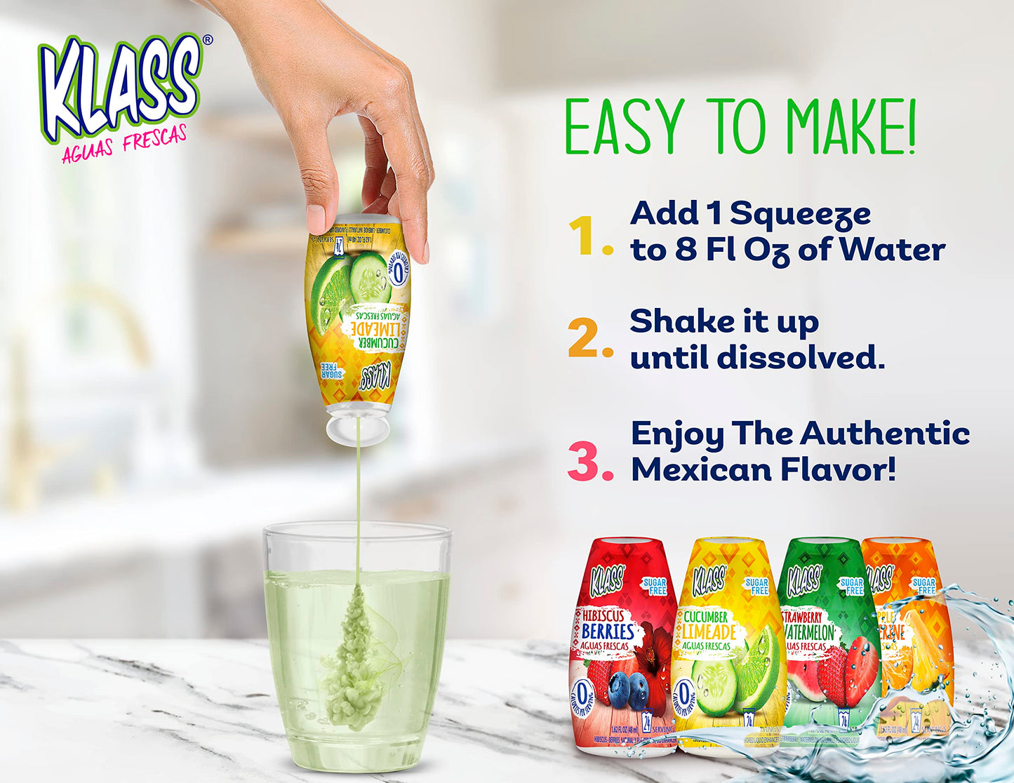 Klass Aguas Frescas Liquid Water Enhancer, Sugar-Free Cucumber Limeade, 1.62 Oz Pack of 4 (Makes 24 Servings), Keto Friendly, 0 Calories