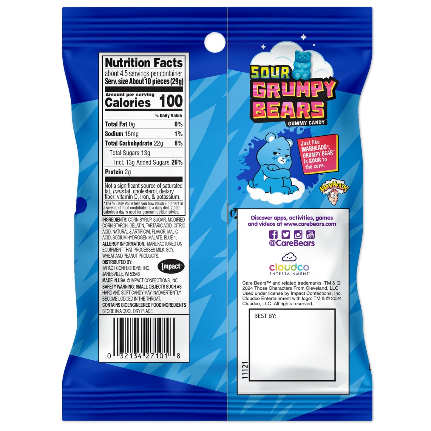 Warheads Care Bears - Sour Grumpy Bears - Blue Raspberry Flavor - 4.5 Oz. Bags - 2 Pack