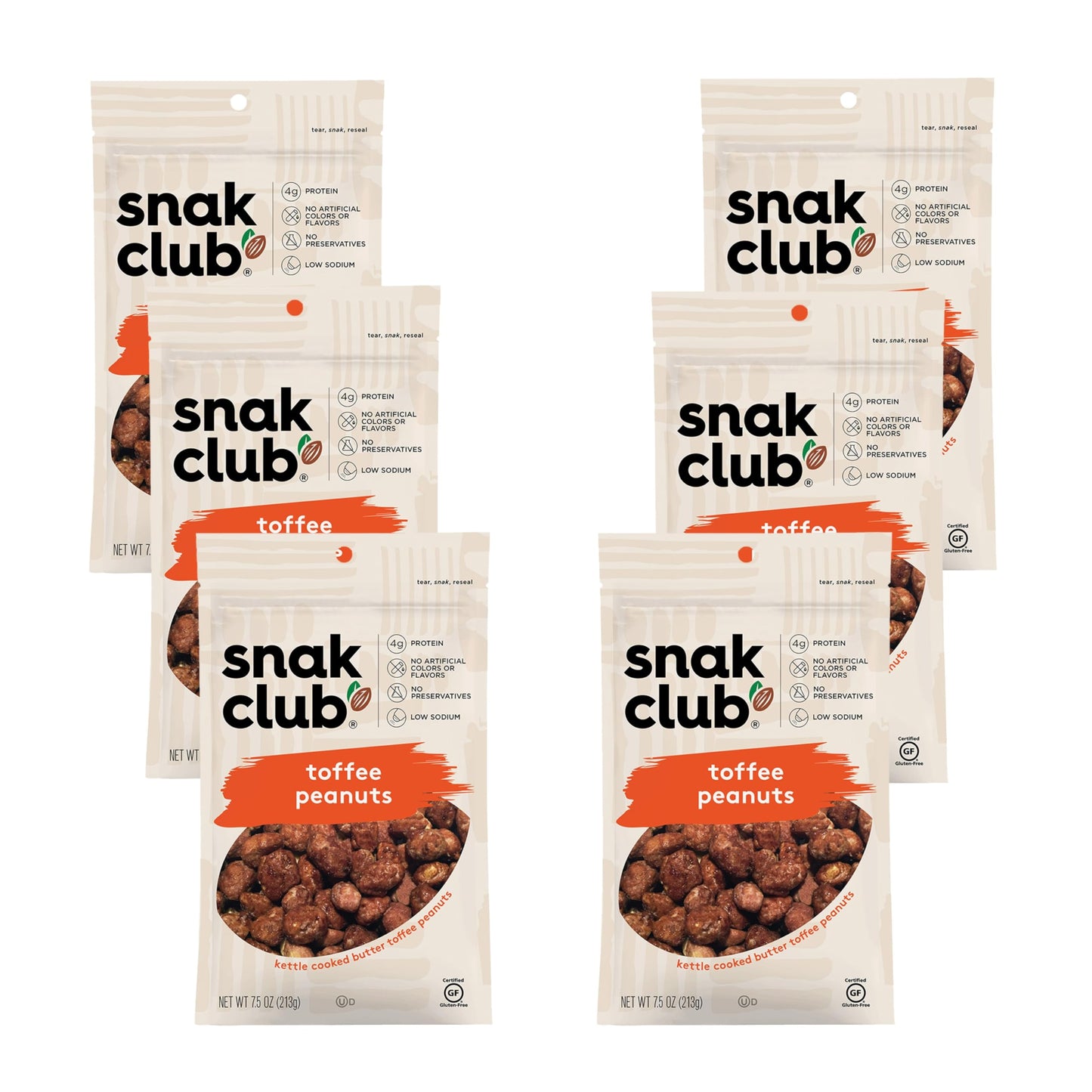 Snak Club Toffee Peanuts, Candied Peanuts with Praline Coat and Sweet Cream, Gluten-Free and Kosher Snack, 7.5 oz Resealable Bag