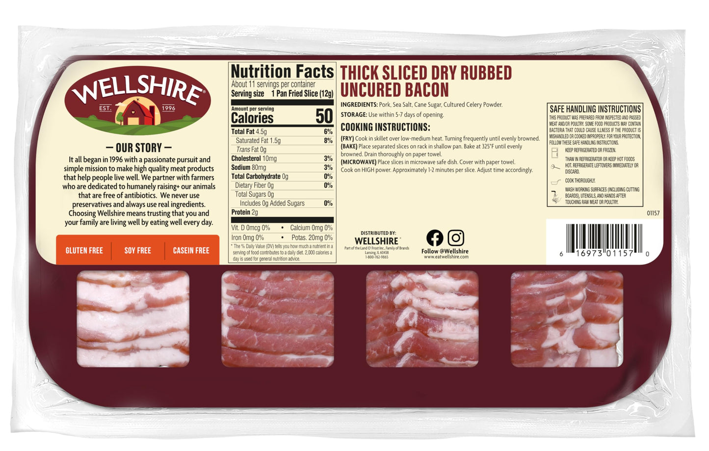 Wellshire Farms Thick Sliced Dry Rubbed Uncured Bacon, 12 oz