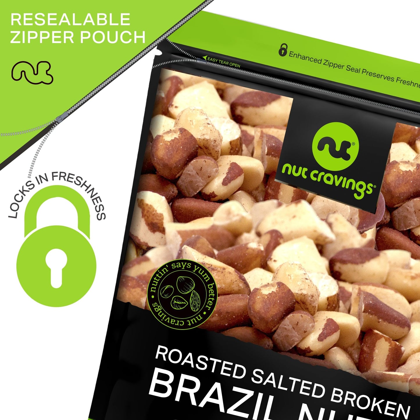 NUT CRAVINGS - Roasted & Salted Broken Brazil Nuts - No Shell, (32oz - 2 LB) Bulk Nuts Packed Fresh in Resealable Bag - Healthy