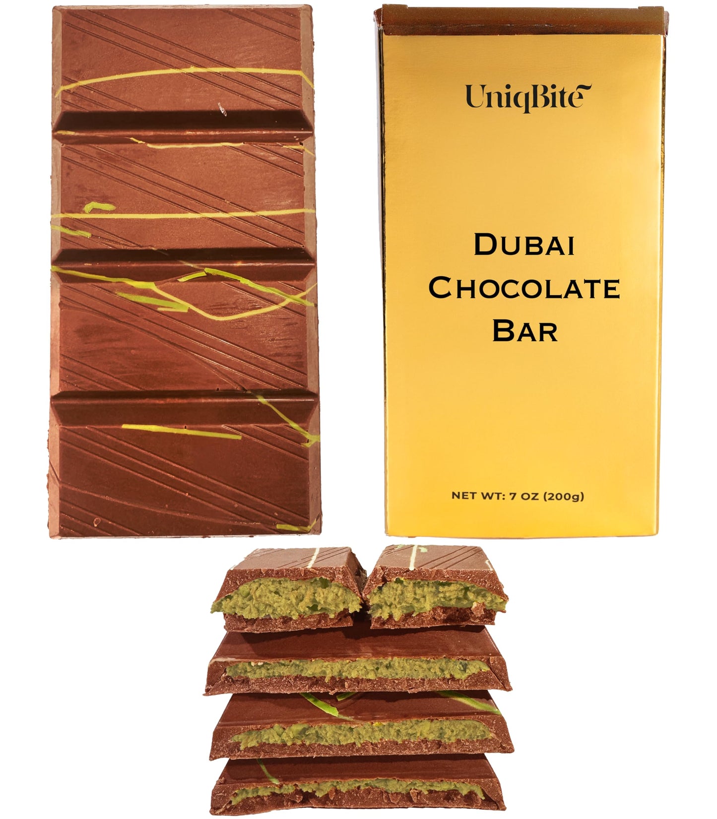 Uniqbite Dubai Chocolate Bar Pistachio, Crunchy Viral Knafeh Chocolate Bar Filled With Pistachio Cream & Kataifi, 7 Oz (200G)