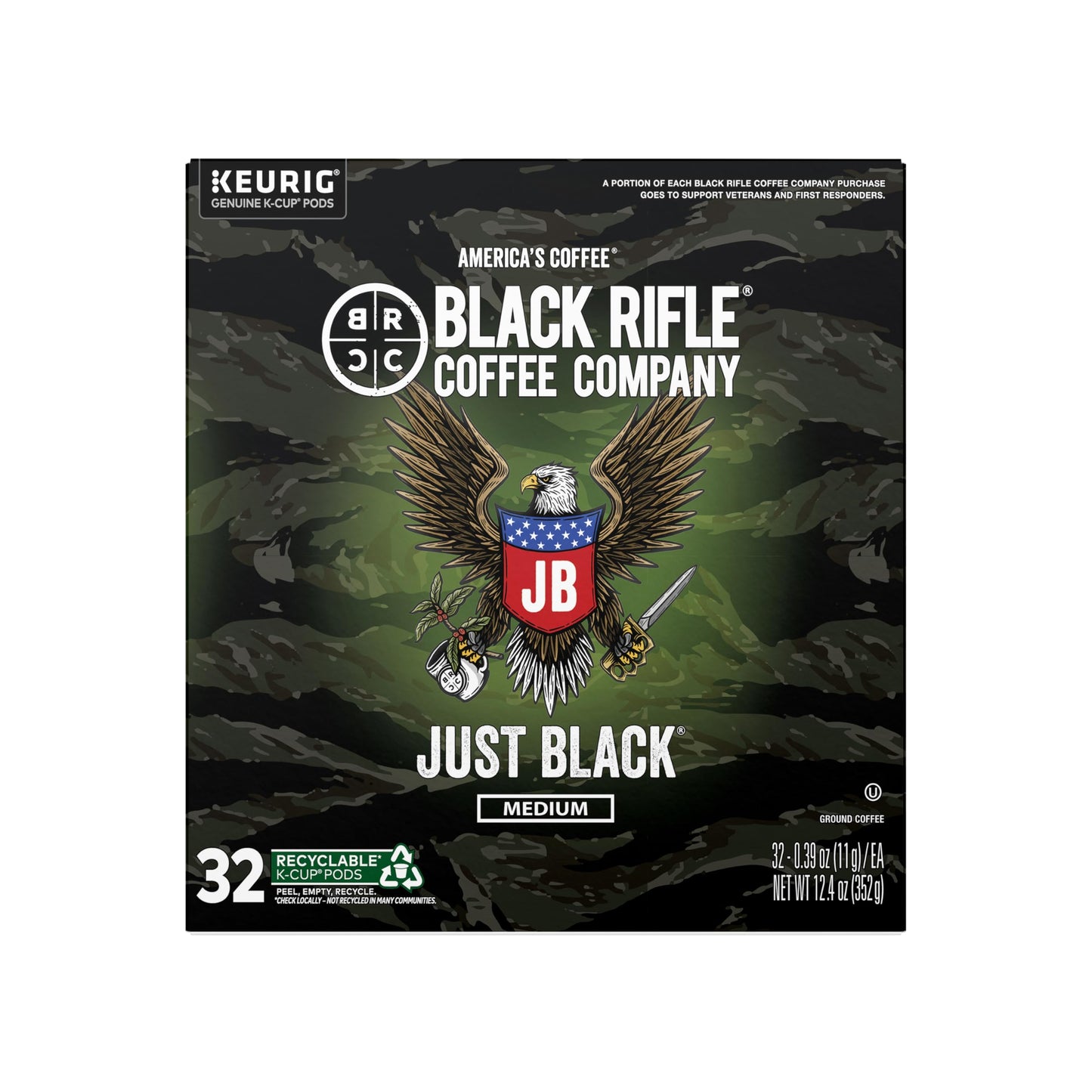 Black Rifle Coffee Just Black Medium Roast Coffee Pods, 32 Count, Cocoa and Vanilla Aroma, Bold Notes, Model 31-006-32C