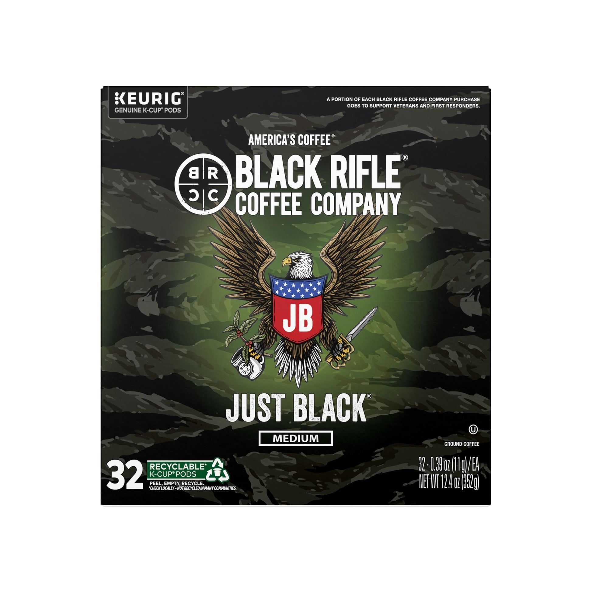 Black Rifle Coffee Just Black Medium Roast Coffee Pods, 32 Count, Cocoa and Vanilla Aroma, Bold Notes, Model 31-006-32C
