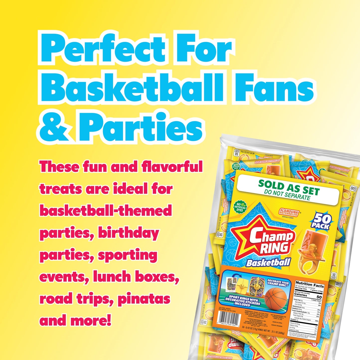 Champ Ring Basketball, Slam Dunk Watermelon - Sweet Watermelon Flavored Candy Rings - Individually Wrapped - No Artificial Color