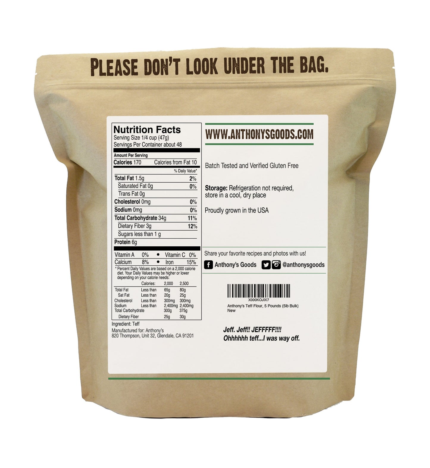 Anthony'S Brown Teff Flour, 5 Lb, Batch Tested Gluten Free