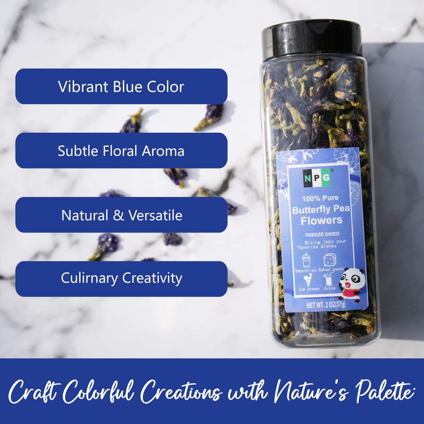 NPG Blue Butterfly Pea Flower Tea, Whole Flower Buds, 2 Oz, Natural Non-GMO, Caffeine-Free, Approx. 875 Ct