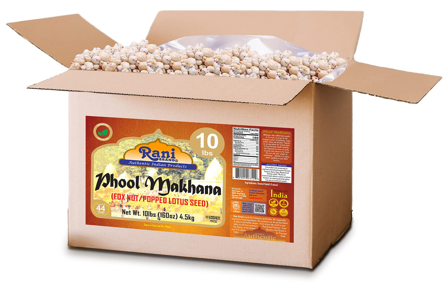 Rani Jumbo Phool Makhana Fox Nut, Plain Raw Uncooked, Vegan, 160oz (10lbs) Bulk Box, Non-GMO, Gluten Friendly, Indian Origin