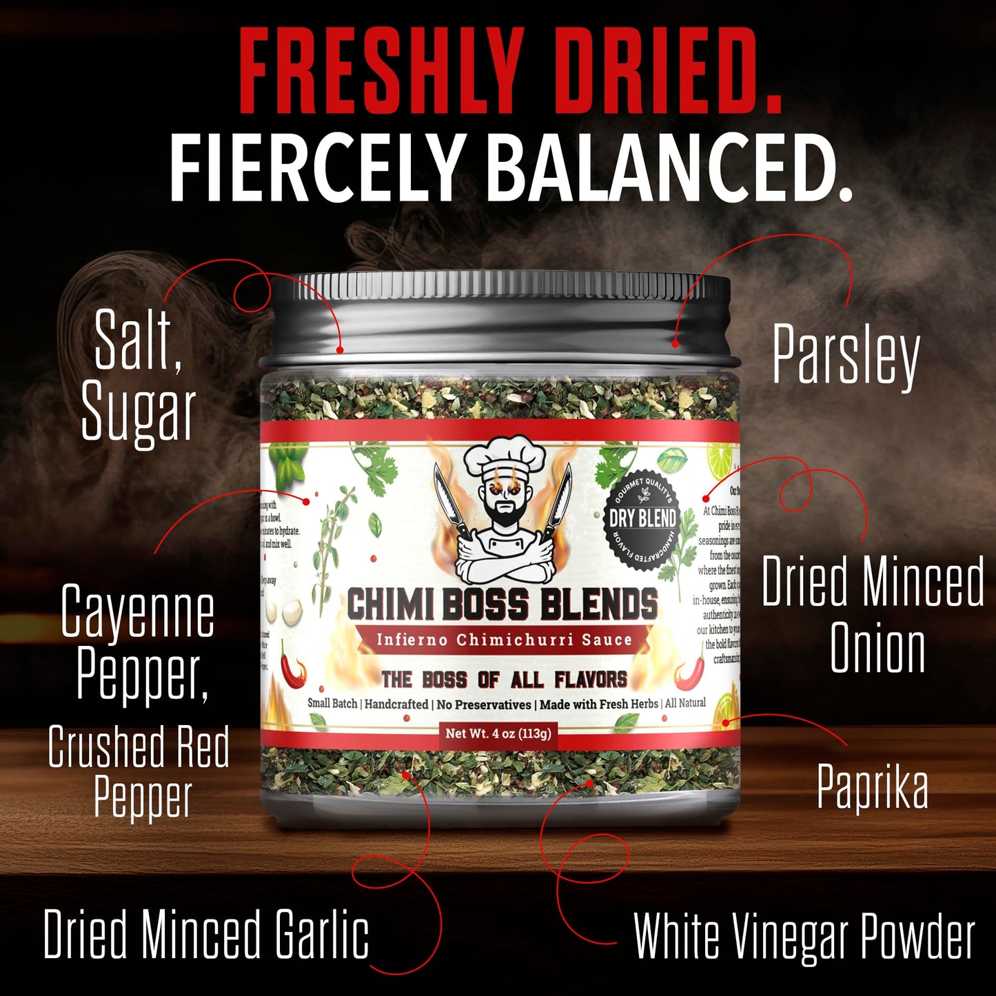 Chimi Boss Blends Infierno Chimichurri Dry Seasoning, 4 oz - Spicy Argentinian Herb & Chili Rub with Parsley, Garlic & Oregano -