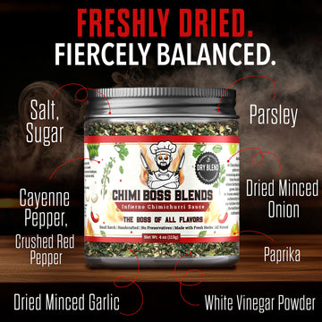 Chimi Boss Blends Infierno Chimichurri Dry Seasoning, 4 oz - Spicy Argentinian Herb & Chili Rub with Parsley, Garlic & Oregano -