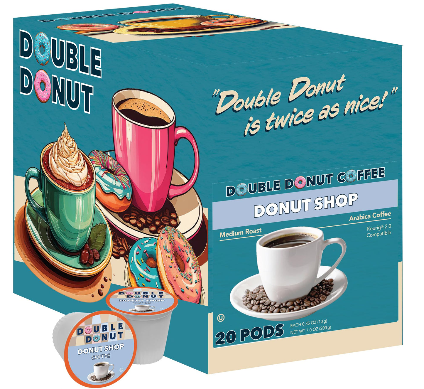 Double Donut Coffee Coffee Pods, Medium Roast, Compatible with Keurig, 20 Count (Pack of 1)