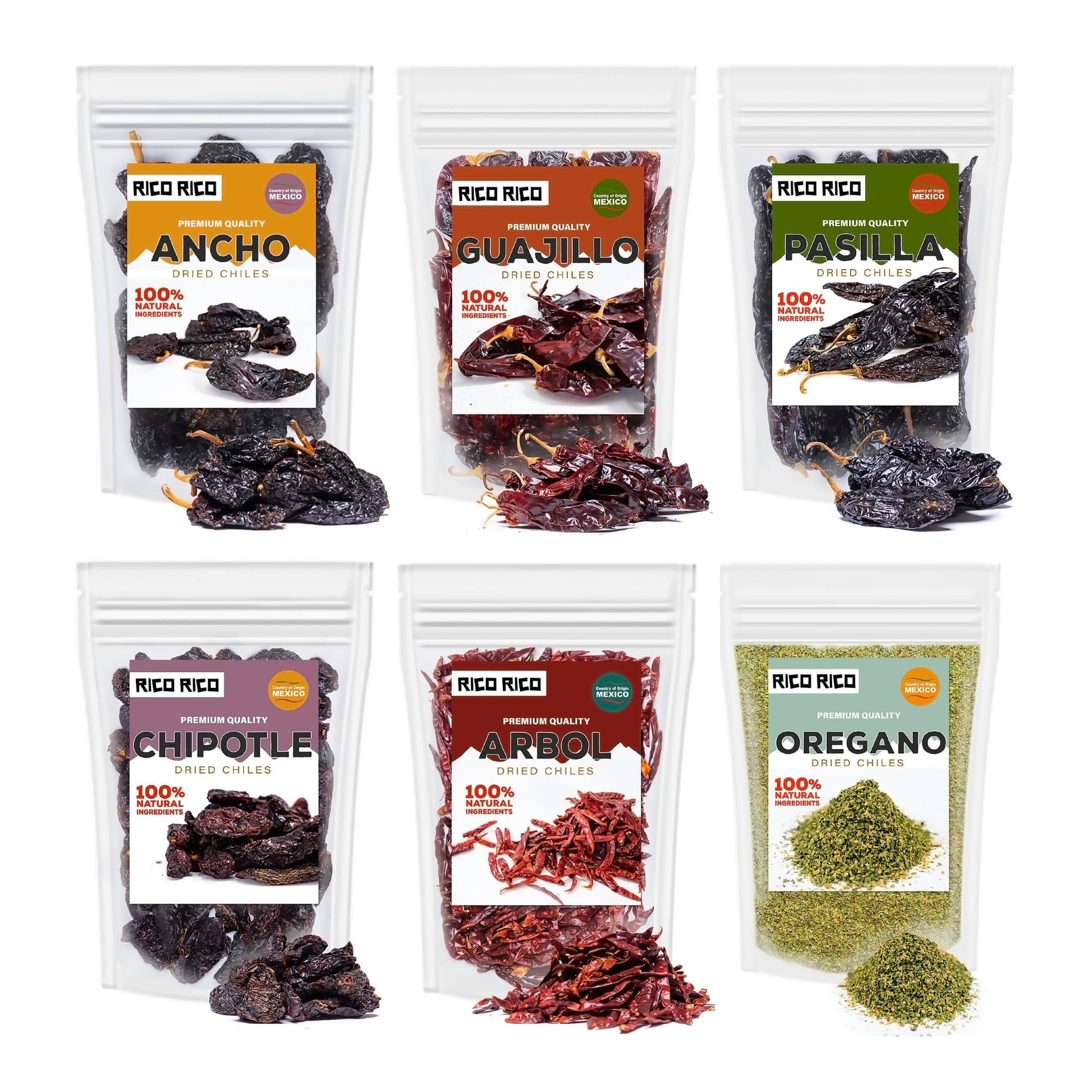 RICO RICO Dried Peppers Bundle - Ancho, Arbol, Guajillo, Pasilla, Chipotle Morita & Mexican Oregano, 6 Pack, 24 Oz
