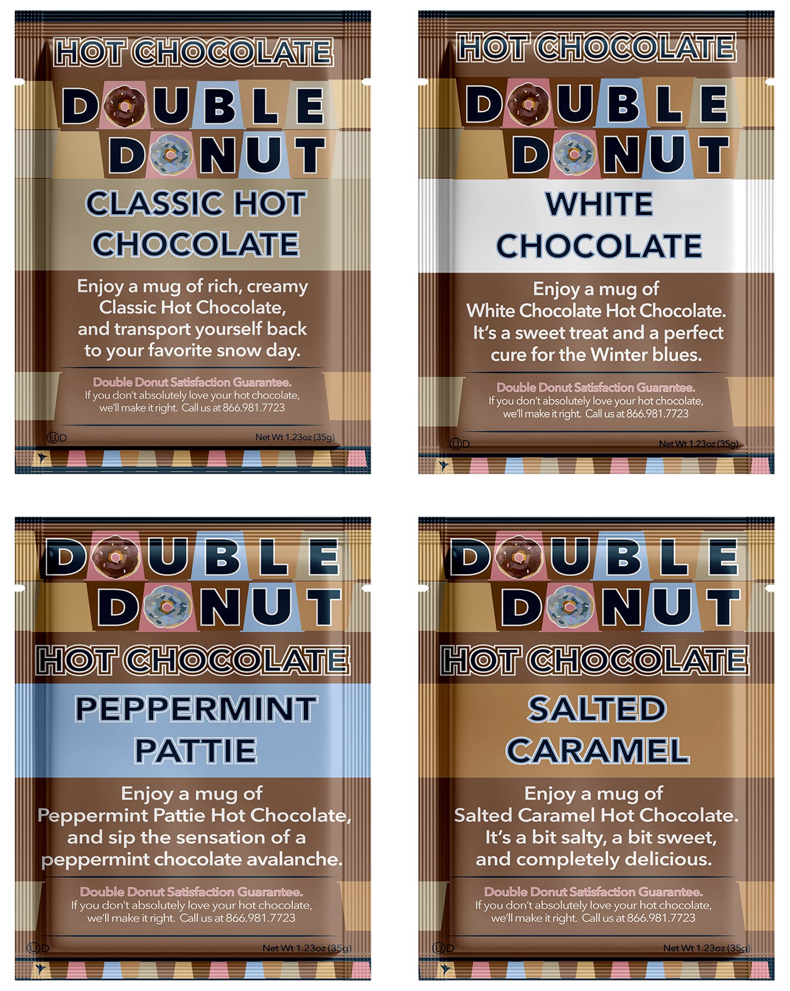 Double Donut Coffee Gourmet Hot Cocoa Mix Variety Pack, 32 Count, Includes Classic, White Chocolate, Salted Caramel, & Peppermint