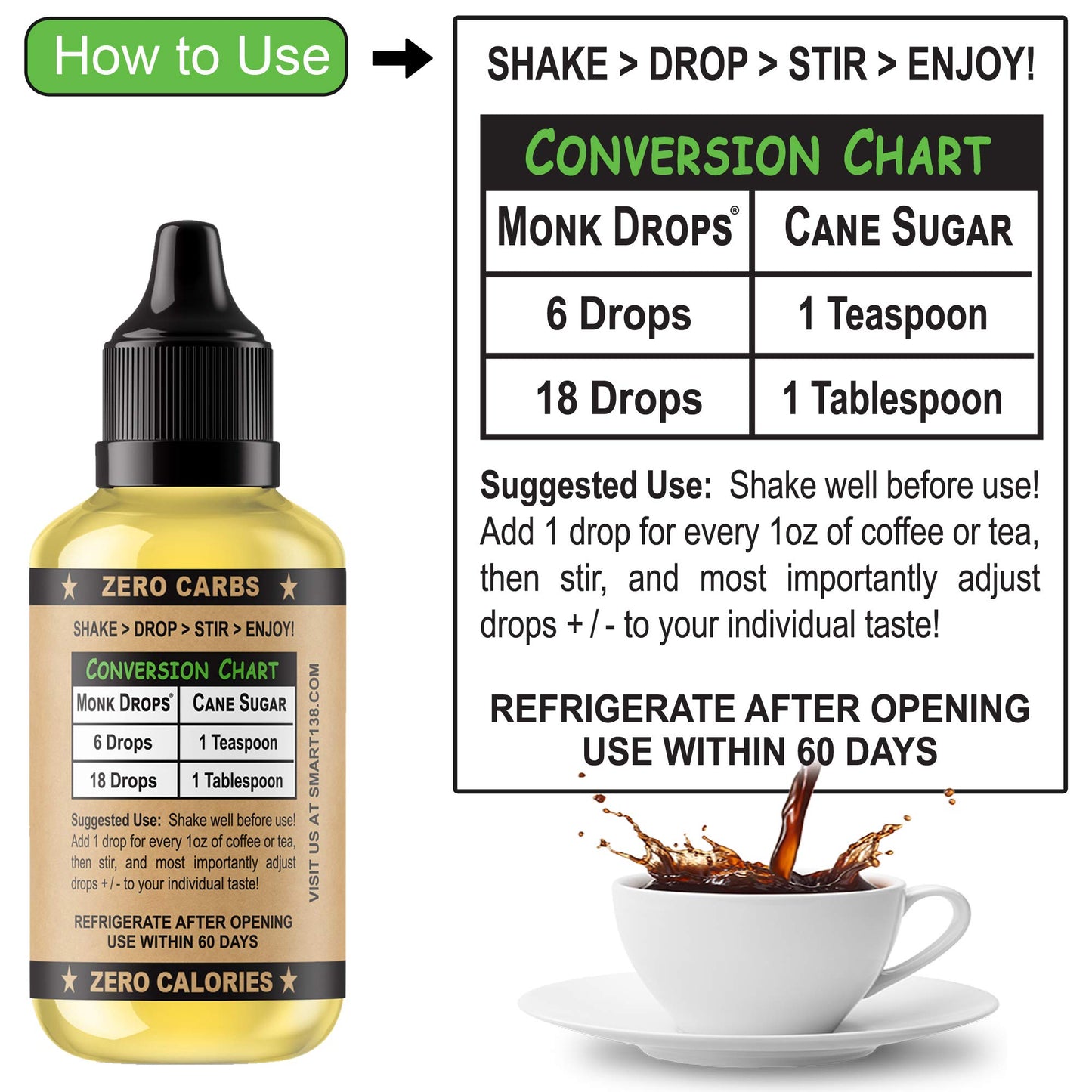 Smart138 Monk Drops - 100% Monkfruit Liquid Sweetener, Zero Calories, Zero Sugar, 1.5 Fl Oz, 350 Servings, Keto-Friendly
