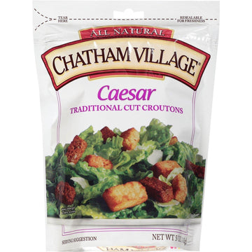 Chatham Village Homestyle Caesar Croutons, Garlic and Butter Flavored, 5-Ounce Bags (Pack of 12)