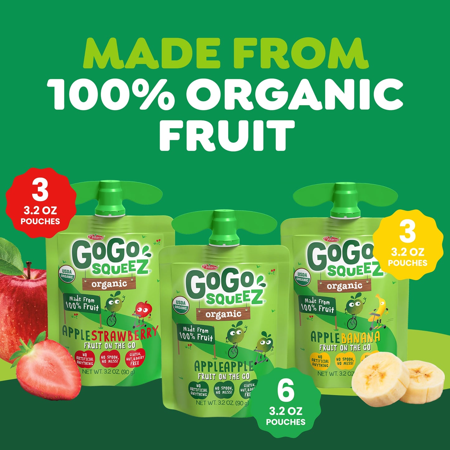 GoGo squeeZ Organic Applesauce and Fruit Puree  Variety Pack  Apple  Strawberry & Banana  3.2 oz (Pack of 12)  Unsweetened Organic Fruit Snacks for Kids  No Gluten  Nut & Dairy  BPA Free Pouches