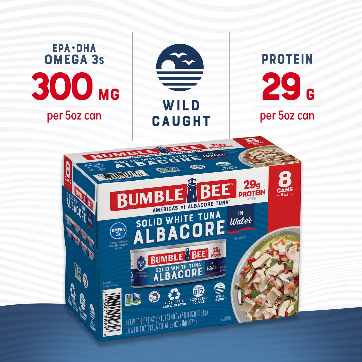 Bumble Bee Solid White Albacore Tuna In Water 5 Oz Can (Pack Of 8) - Wild Caught Tuna - 29G Protein Per Serving - Non-Gmo Project Verified Gluten Free Kosher - Great For Tuna Salad & Recipes