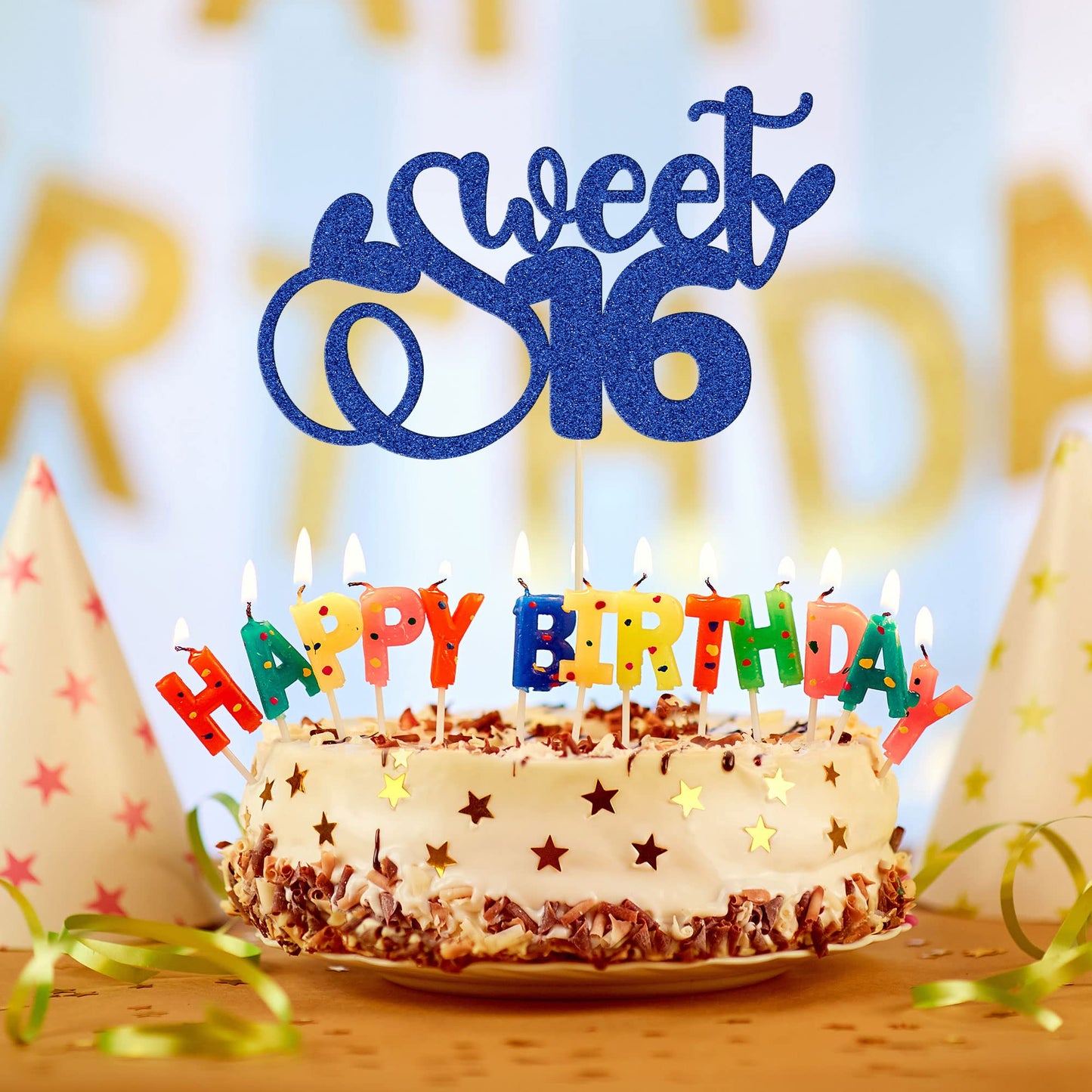 1Pc Sweet 16 Cake Topper Deep Blue Glitter 16Th Birthday Cake Pick Decorations For Cheers To 16 Years Old 16Th Birthday Party Ca