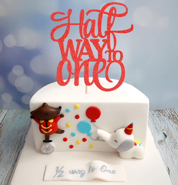Ahaoray Half Way To One Cake Topper - Red Glitter 6 Months Birthday Decorations Supplies - Half Birthday Decorations Baby Girl,