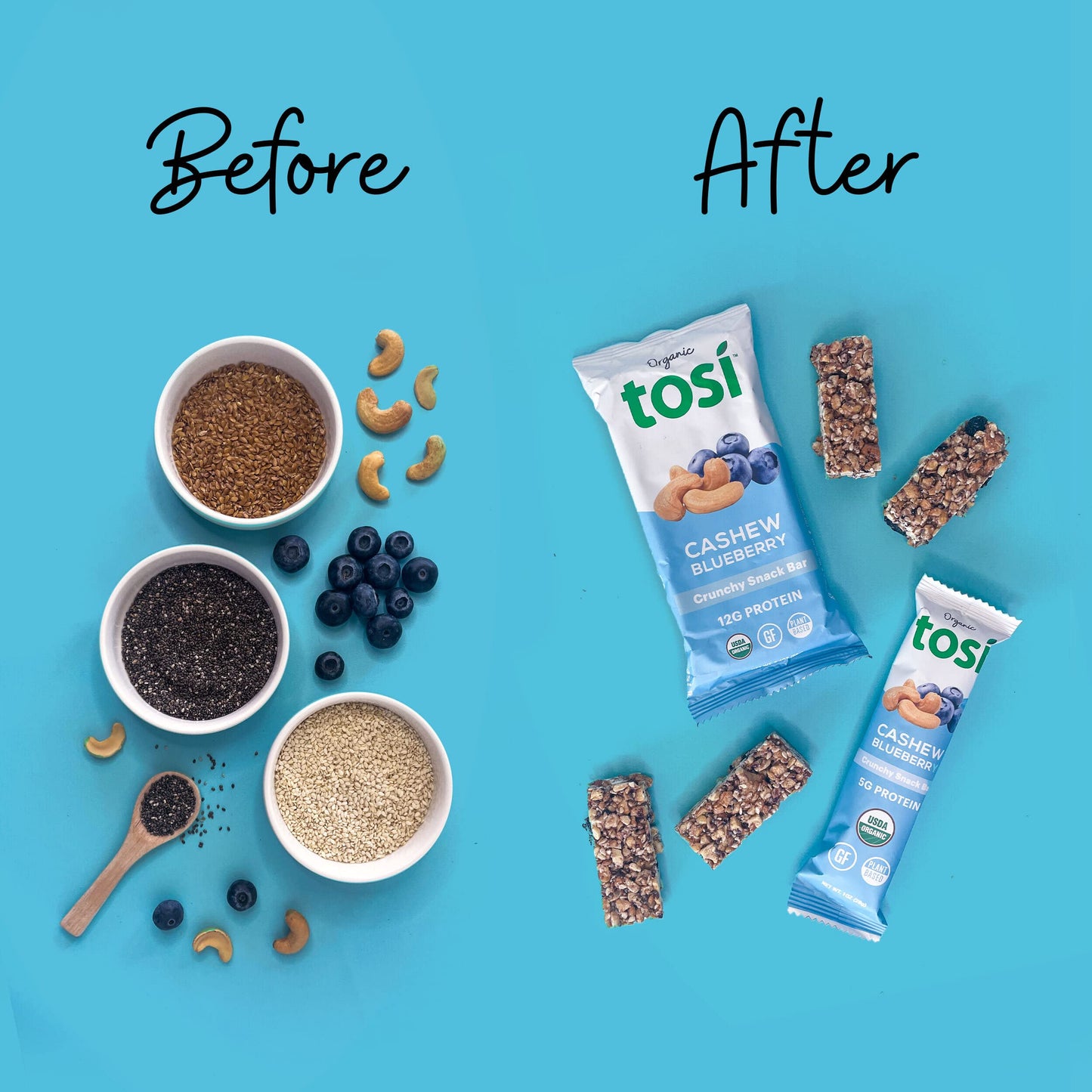 Tosi Cashew Blueberry Protein Bars, Plant Based with Nuts, Gluten-Free Crunchy Snacks, Vegan, Organic, Flax & Chia Seeds, Soy-Fr