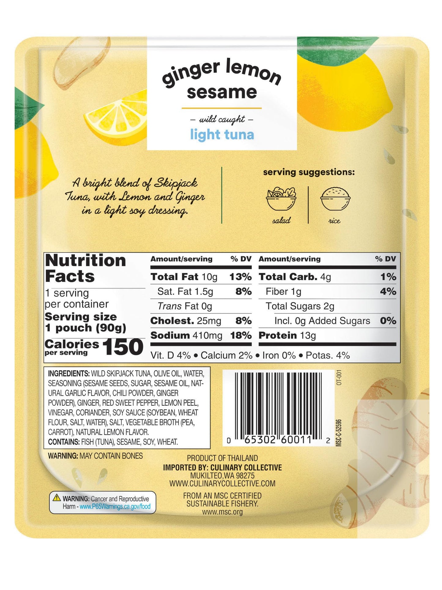 Ocean'S Ginger Lemon Sesame W/Light Tuna | 3.17Oz | Wild Caught | Ready-To-Eat | (1-Pack, Ginger Lemon Sesame)
