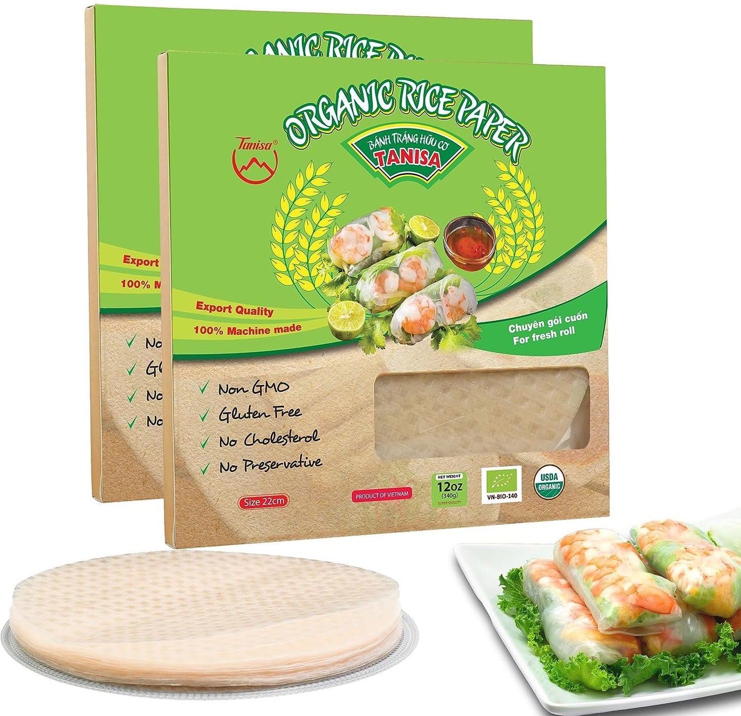 Tanisa 2 Packs, 76 Sheets Organic Spring Roll Rice Paper Wrapper For Fresh Roll (22Cm, Round, 12 Oz/Pack), Non Gmo, Gluten Free,