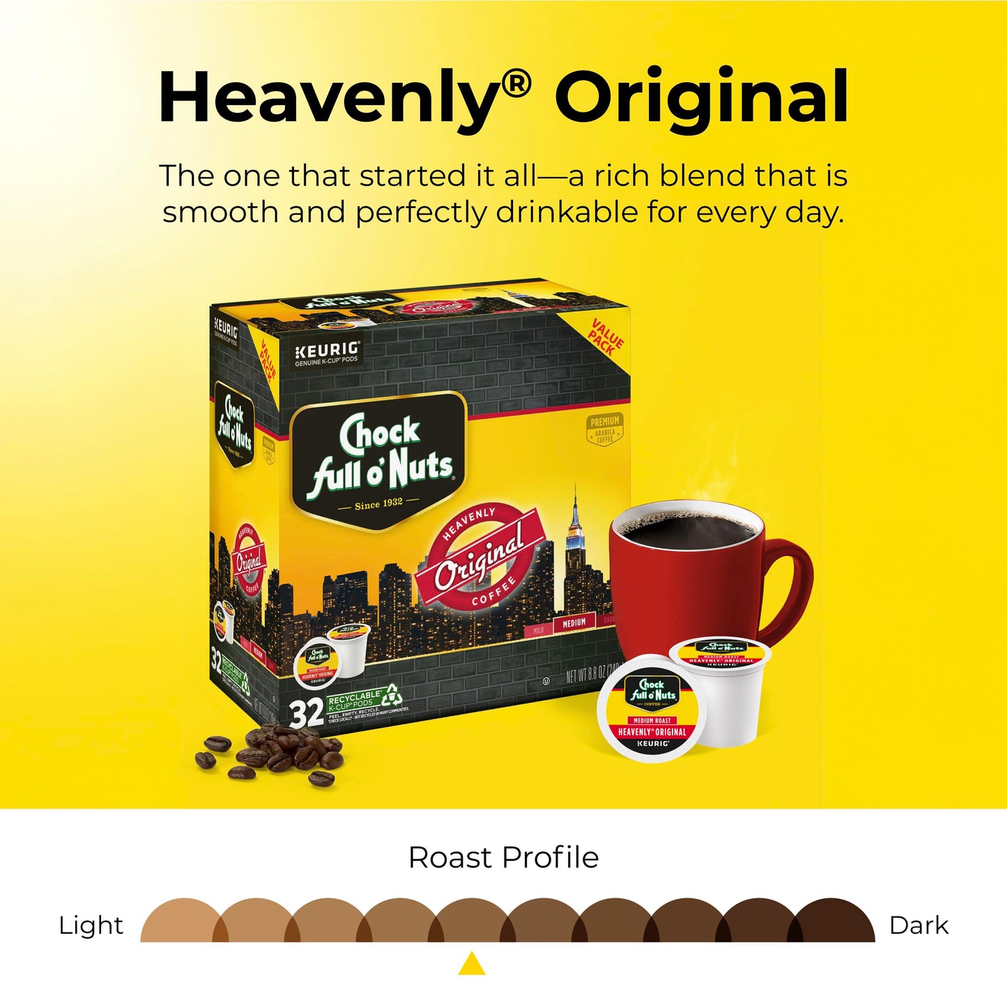 Chock Full Onuts Original Coffee, Compatible With Keurig K-Cup Pods (1 Pack Of 32 Single-Serve Cups)