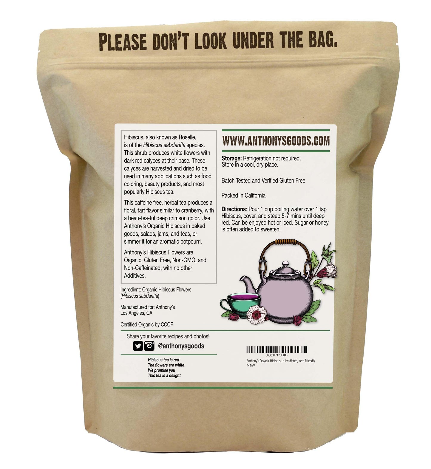 Anthonys Organic Hibiscus Flowers, Cut & Sifted, 1 lb, Gluten Free, Non GMO, Keto Friendly
