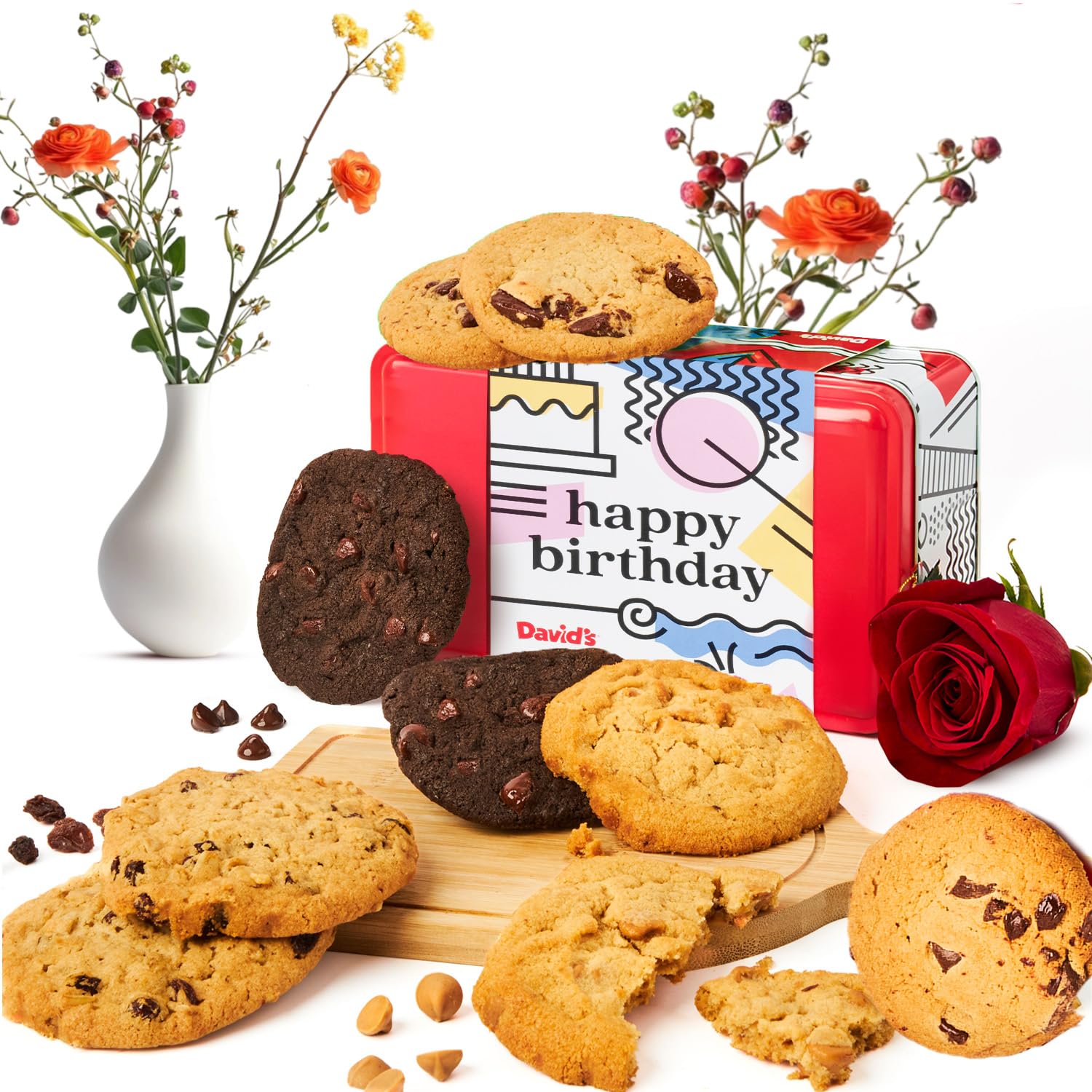 Davids Cookies Happy Birthday Gift Sampler Tin – Crunchy Gourmet Cookies – Bakery Snack Gift For Birthdays, Celebrations And Special Occasions –Assorted Cookies