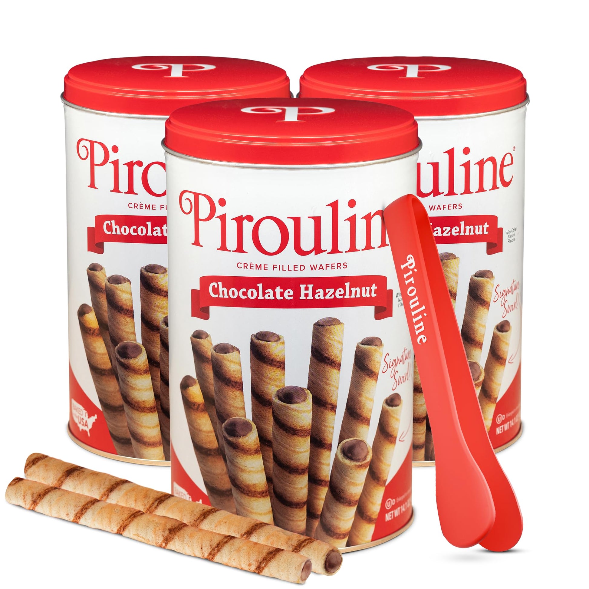Pirouline Rolled Wafers - Chocolate Hazelnut - Rolled Wafer Sticks Bundled With Serving Tongs  Crme Filled Wafers For Coffee  Tea  Ice Cream  Snacks  Parties  Gifts  And More - 14Oz Tin 3Pk