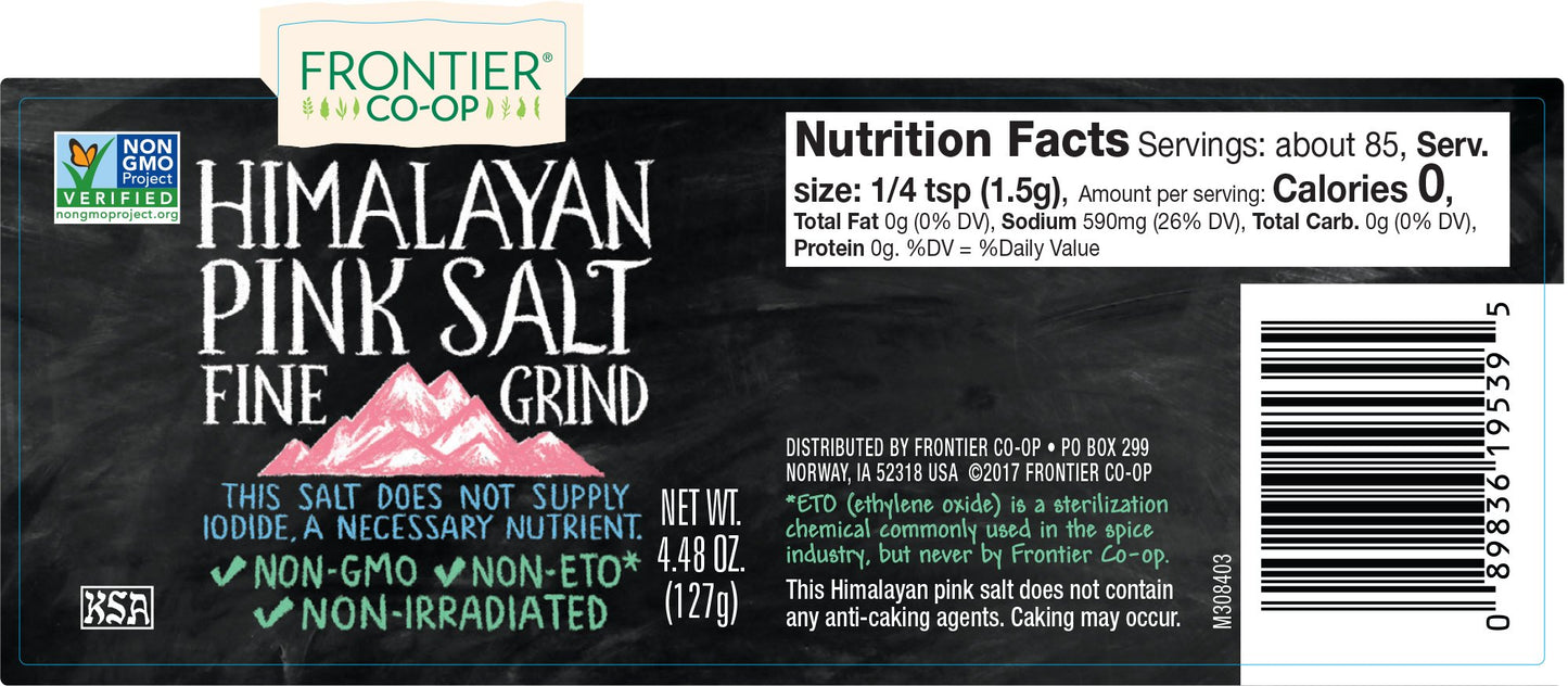 Frontier Co-op Fine Ground Himalayan Pink Salt, 4.48 Ounce Bottle, Hand-Mined, Kosher, Non Irradiated, Non ETO