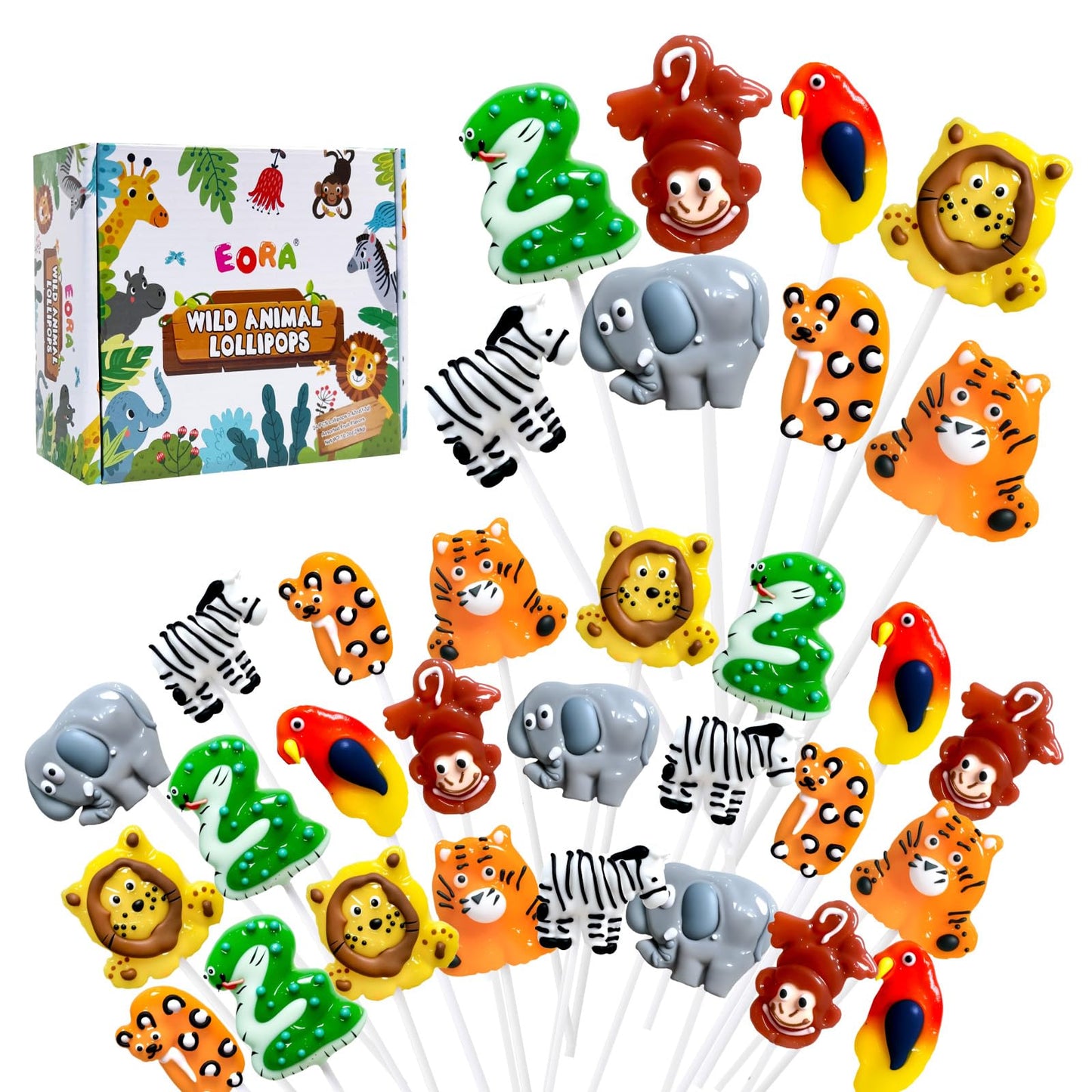EORA Wildlife-Shaped Lollipops, 24 Pack, 8 Shapes & Flavors, Jungle Theme Candy, Multi-Color, Model YJLLH-WALA-12G24