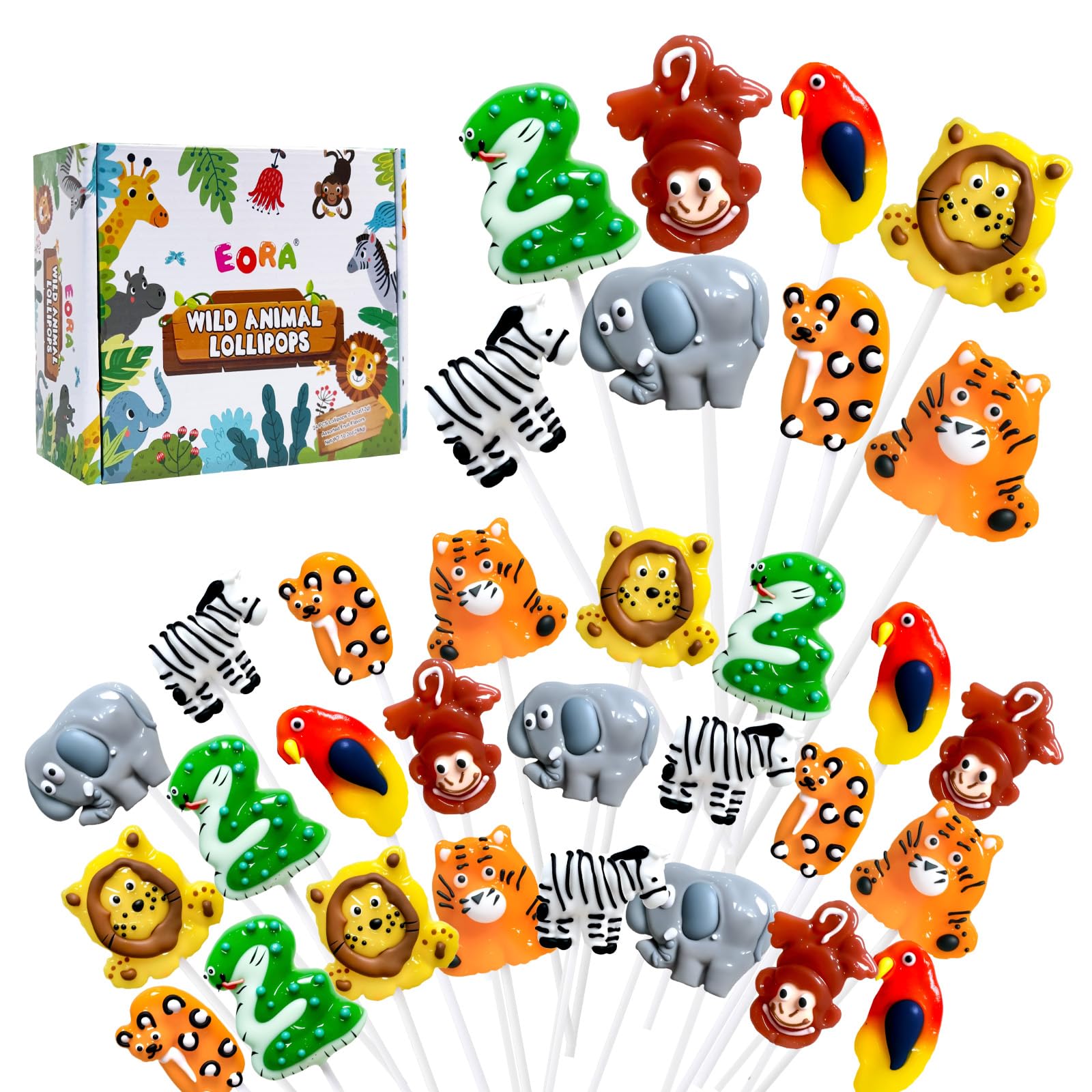 EORA Wildlife-Shaped Lollipops, 24 Pack, 8 Shapes & Flavors, Jungle Theme Candy, Multi-Color, Model YJLLH-WALA-12G24