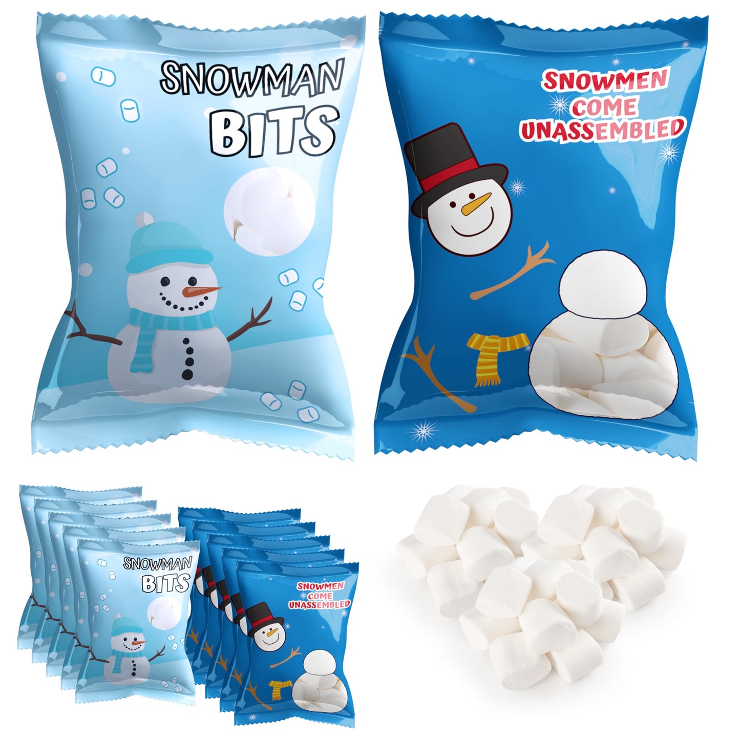 4E's Novelty 50 Packets Mini Marshmallows - 2 Design Individually Wrapped Marshmallows Packs for Hot Chocolate, Christmas Snowma