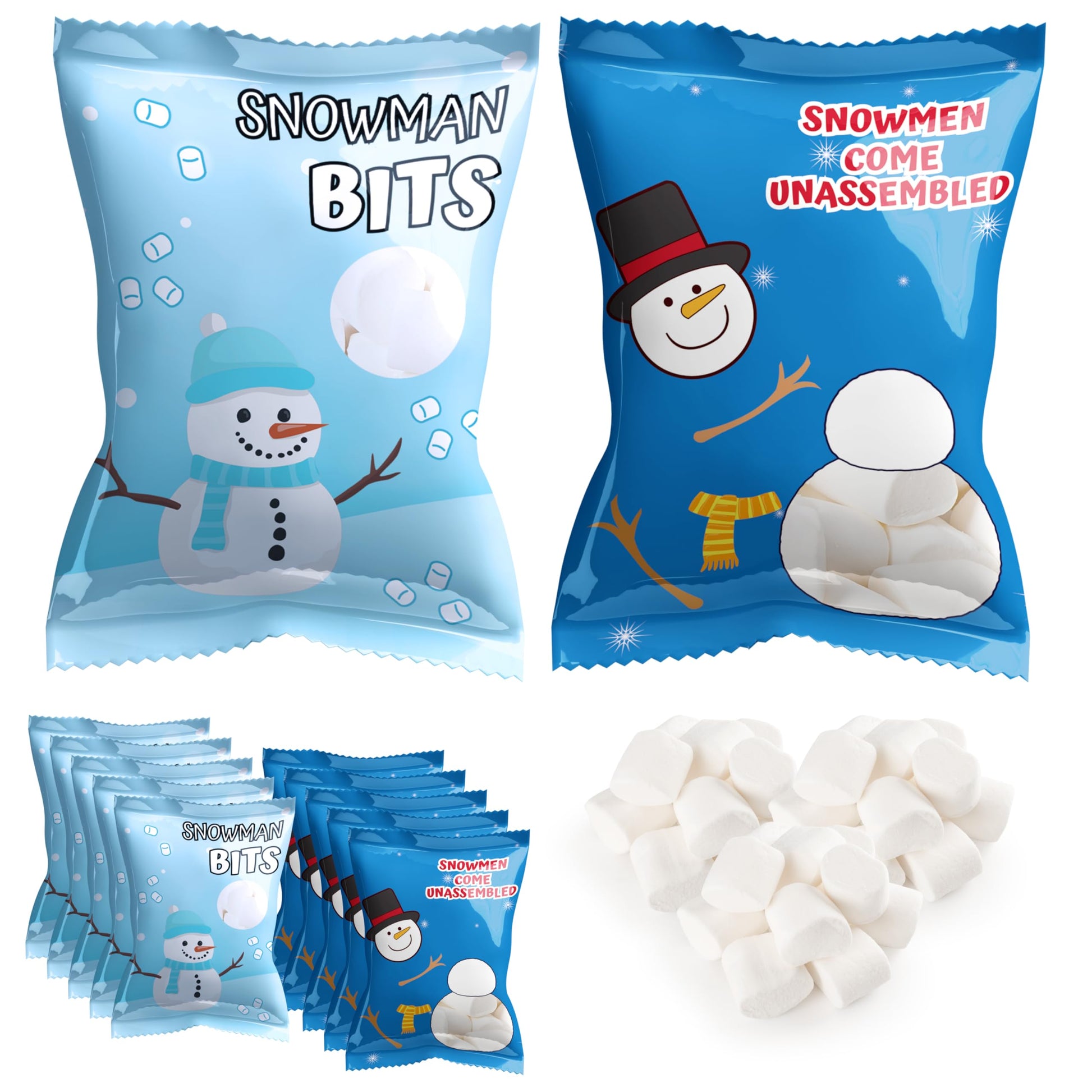 4E's Novelty 50 Packets Mini Marshmallows - 2 Design Individually Wrapped Marshmallows Packs for Hot Chocolate, Christmas Snowma