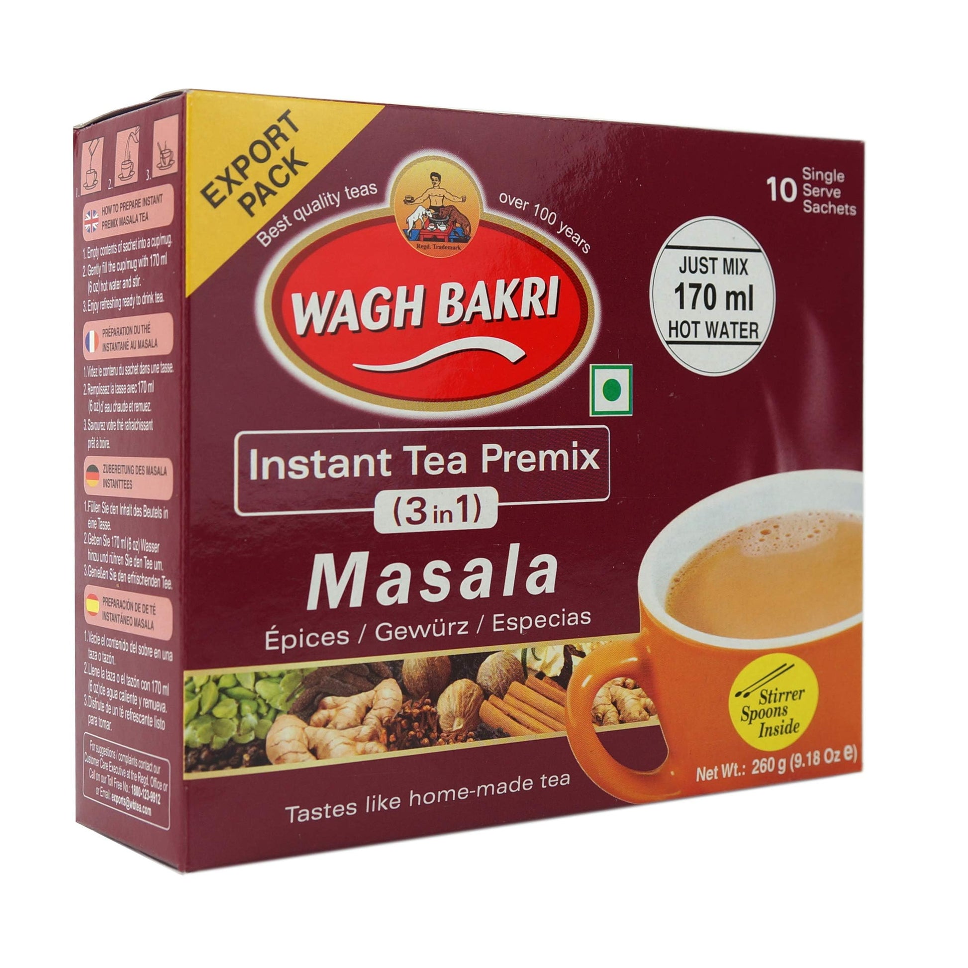 Wagh Bakri Instant Masala Tea | 3 In 1 Sugar+Milk Solids+ Tea | 10 Single Serve Sachets | 140G (4.93 Ounce)