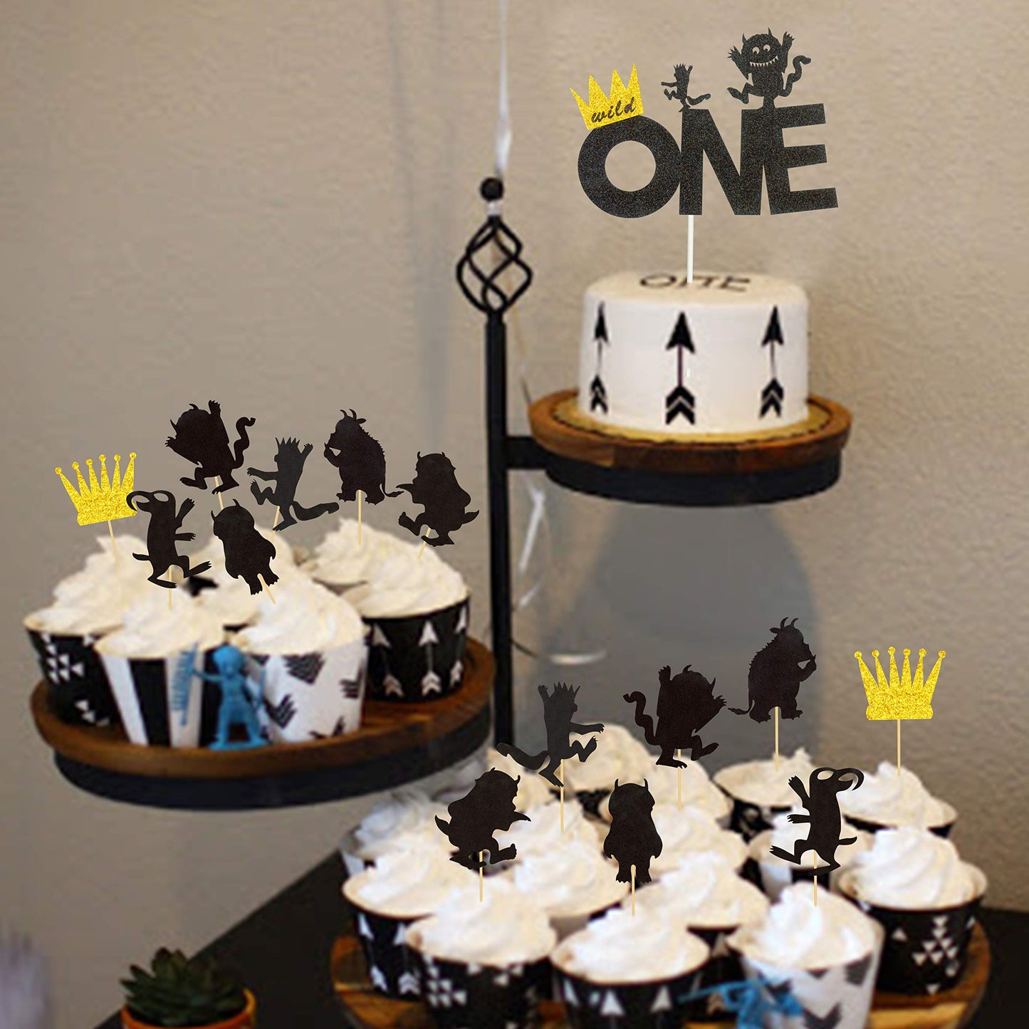 One Wild One Cake Topper And Wild Things Cupcake Topper Birthday Theme Party Decorations - 15Pcs (Gold Black)