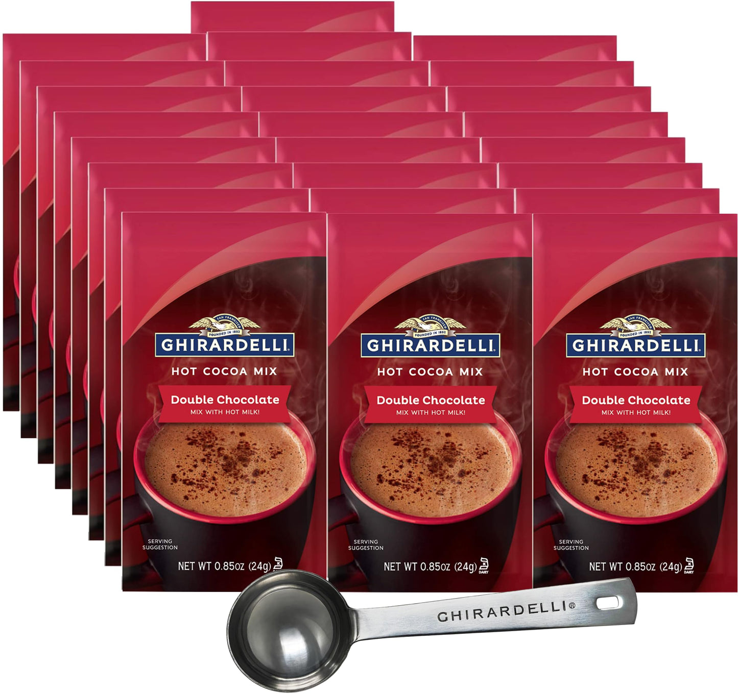 Ghirardelli Double Chocolate Hot Cocoa Mix, 0.85 oz Packets (Pack of 25) with Ghirardelli Cocoa Scoop