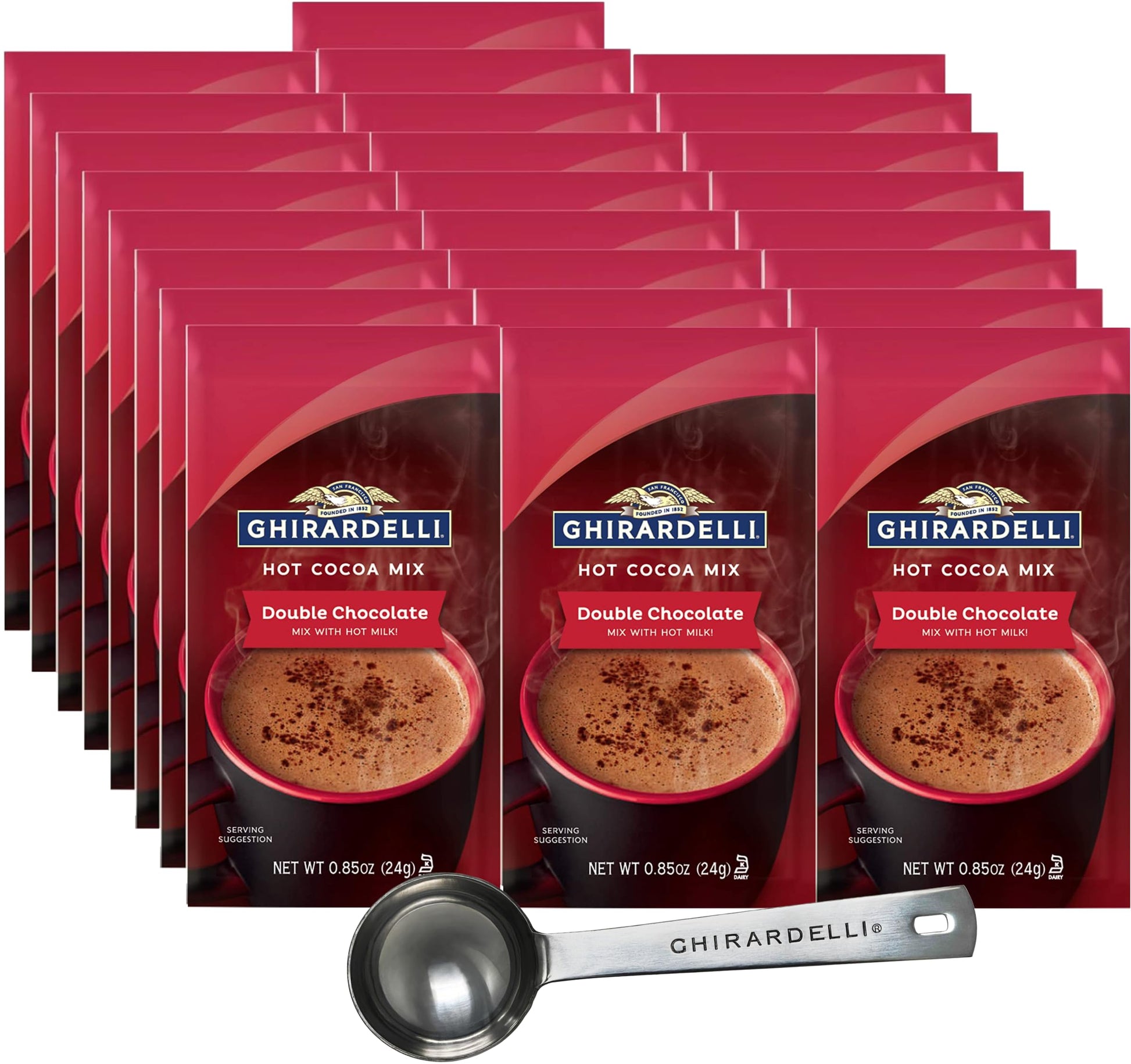 Ghirardelli Double Chocolate Hot Cocoa Mix, 0.85 oz Packets (Pack of 25) with Ghirardelli Cocoa Scoop