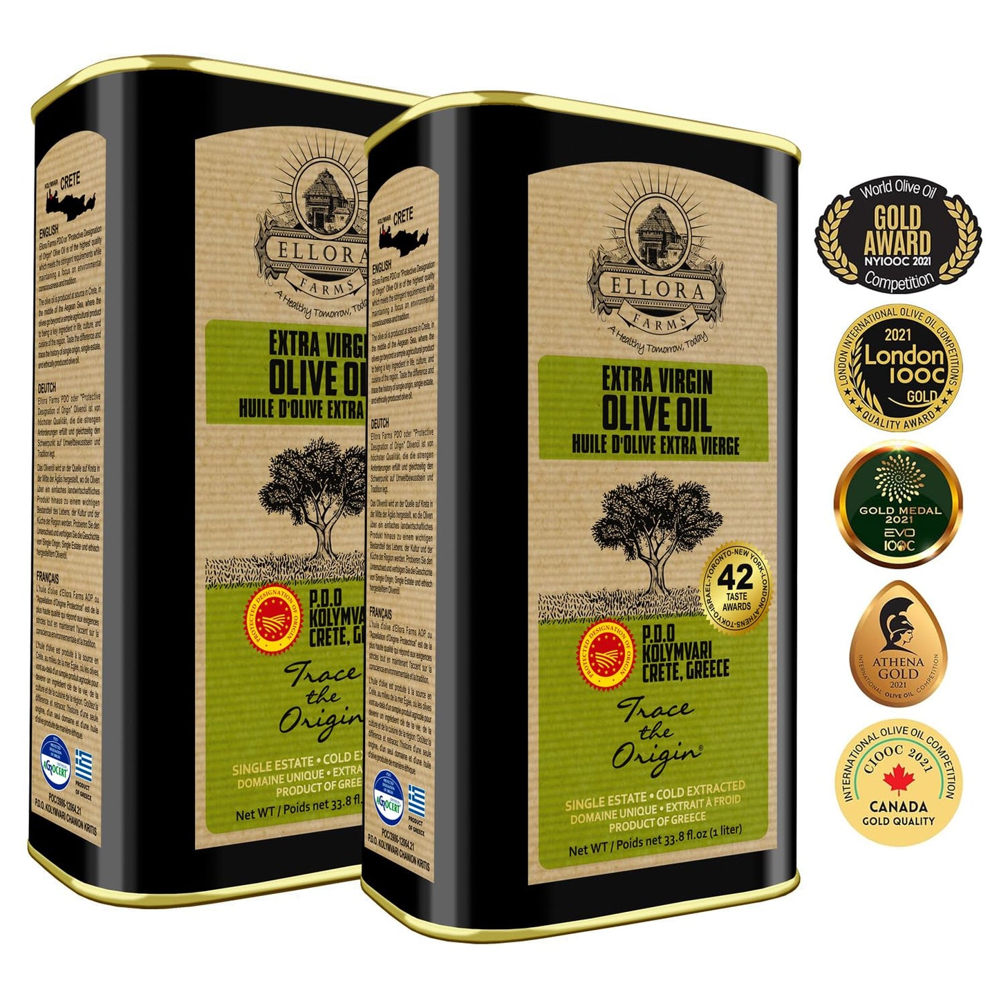 Ellora Farms Olive Oil Extra Virgin, Traceable & Certified PDO Polyphenol Rich Extra Virgin Olive Oil Cold Pressed, Global Gold