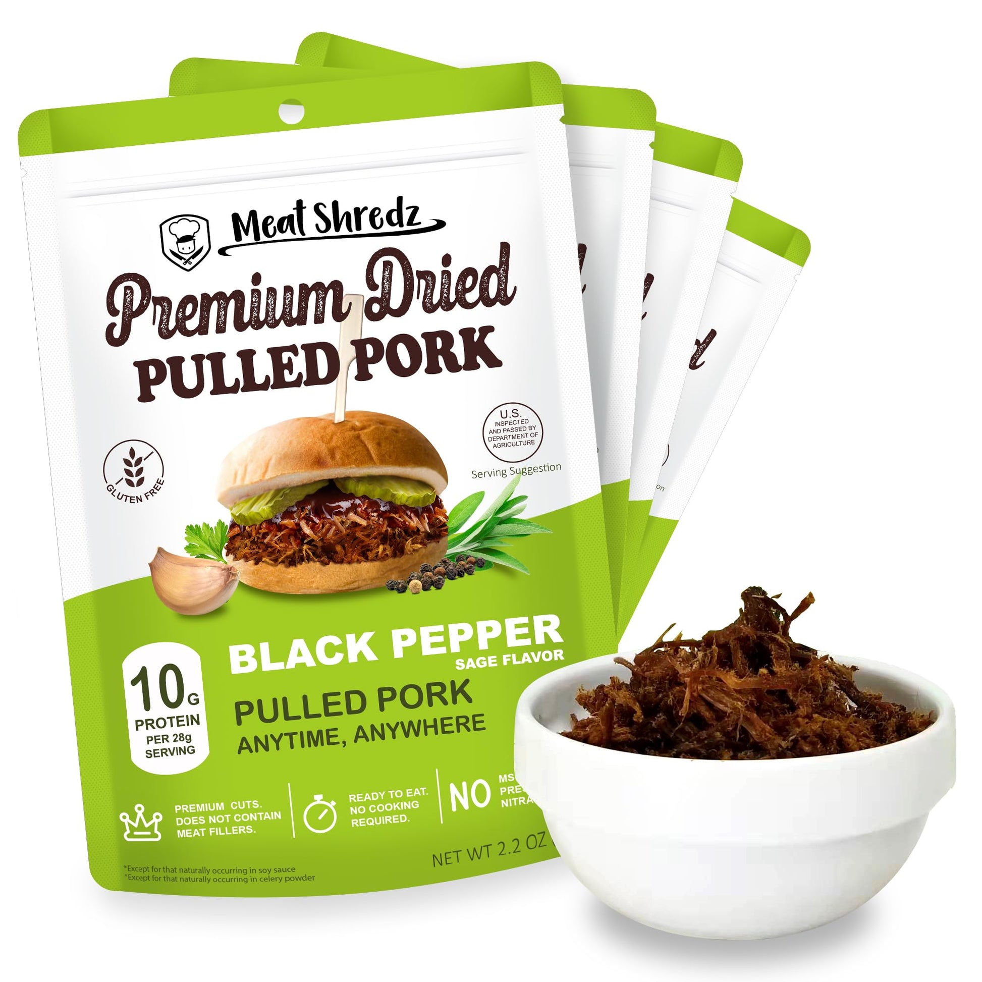 Meat Shredz - enhanced Dried Pulled Pork (Black Pepper, 4 Pack) | Gluten Free | High Protein & Low Sugar | Bacon Bits | Dehydrated Backpacking & Camping Food | Shredded, Dried Jerky Chew Snack