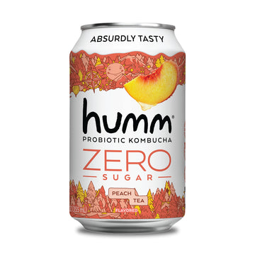 Humm Probiotic Kombucha Zero Sugar Peach Tea, 12Oz Cans (8 Pack)