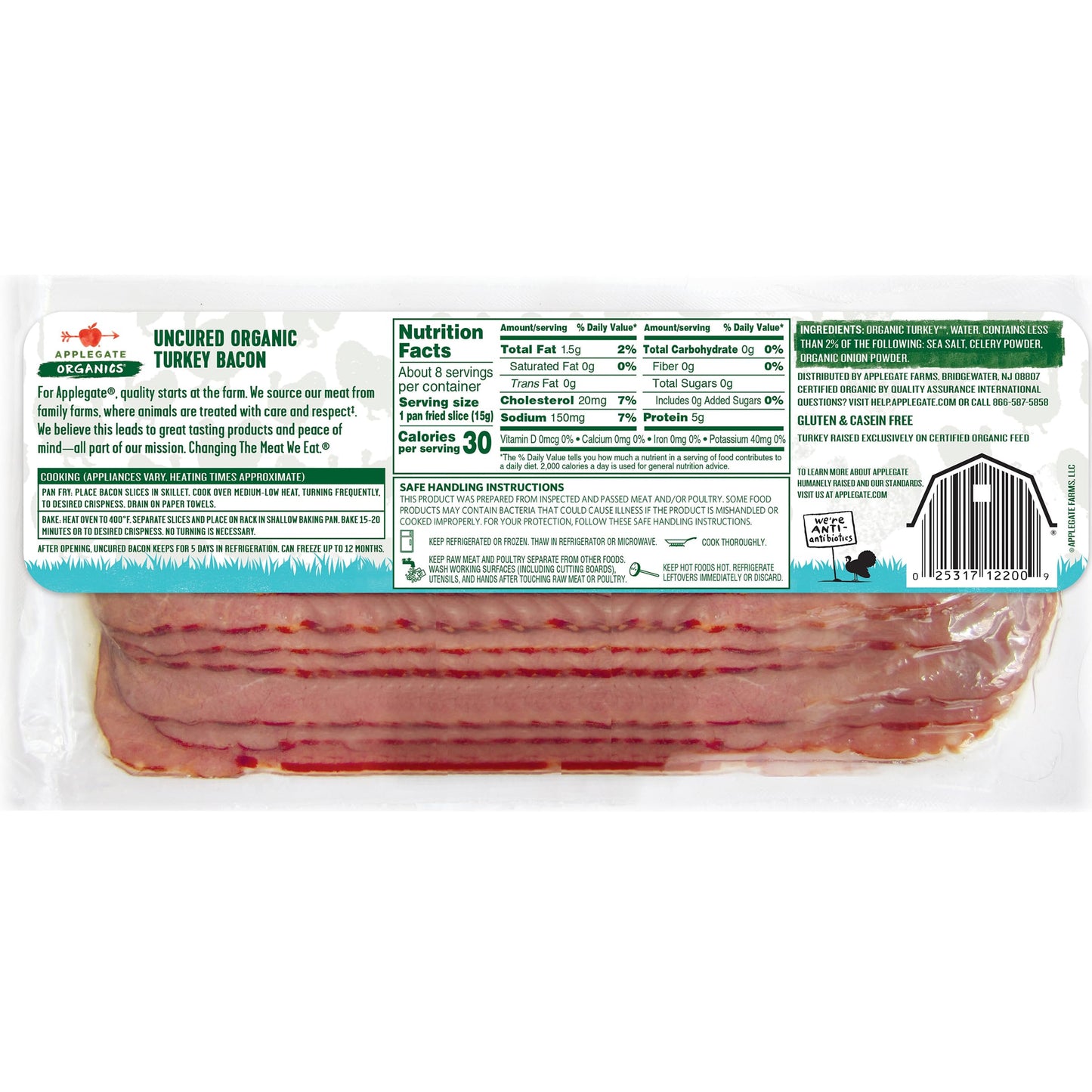 Applegate Organic Hickory Smoked Uncured Turkey Bacon, 8oz - All-Natural, Gluten-Free, 8 Ounce (Pack of 1)