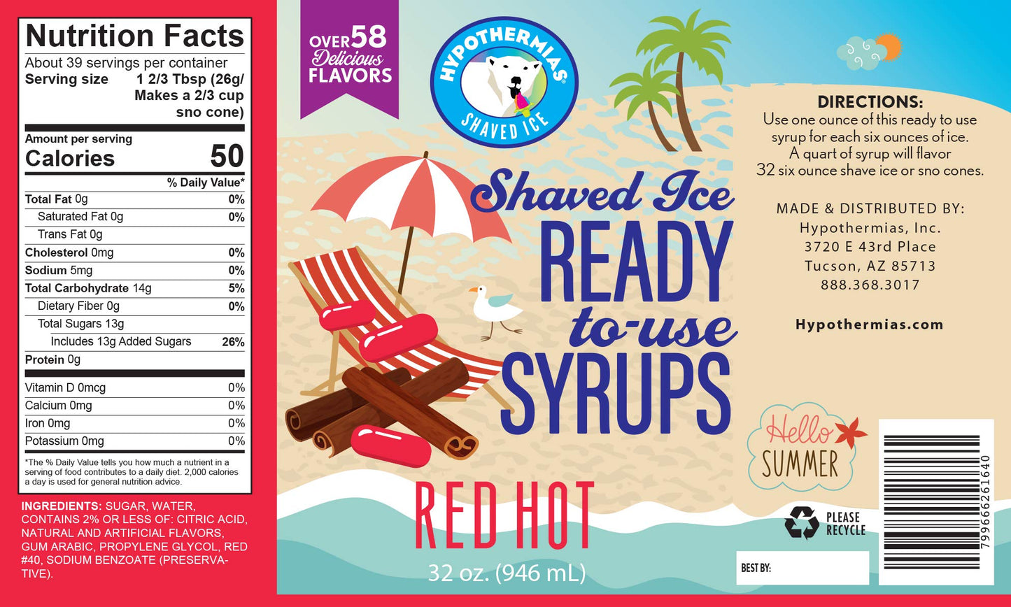 Hypothermias Shaved Ice & Snow Cone Syrup - BPA-Free Plastic Bottle Quart (32 Fl. Oz) - Red Hot - Non-GMO 100% Pure Cane Sugar,